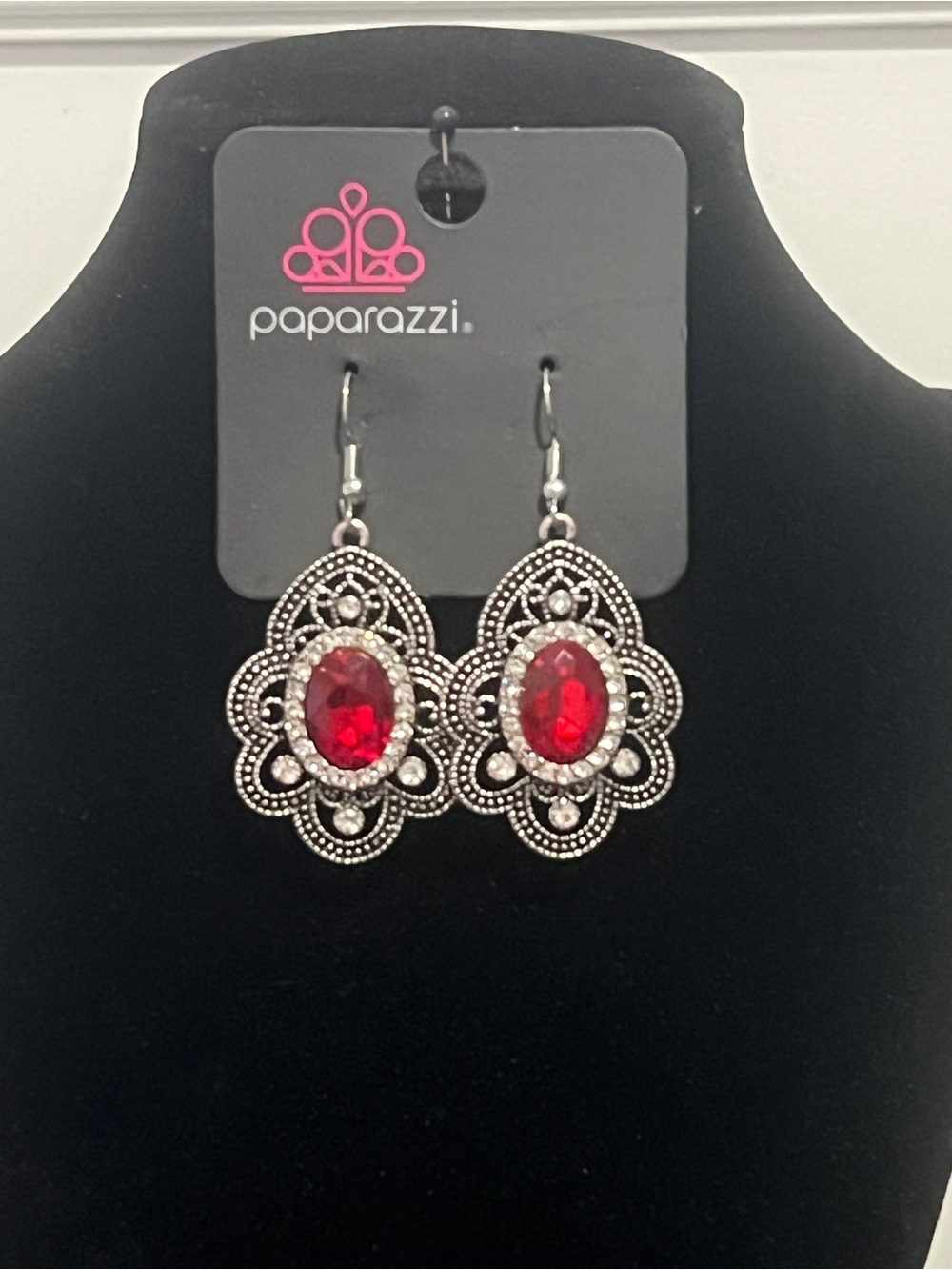 Paparazzi Silver-Tone Filigree Earrings with Red Gemstones